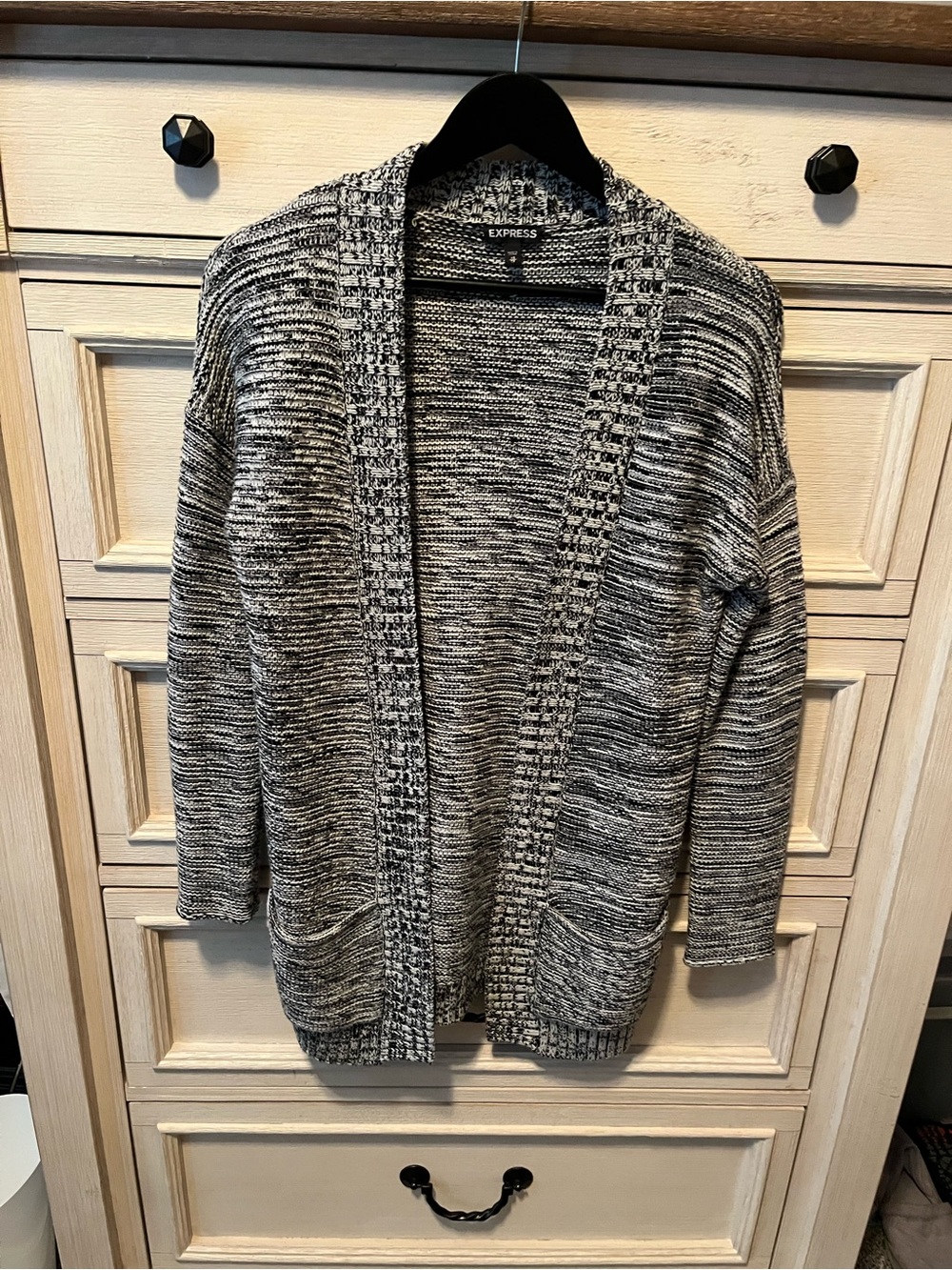 Express Women’s Black & White Marled Open-Front Cardigan Sweater
